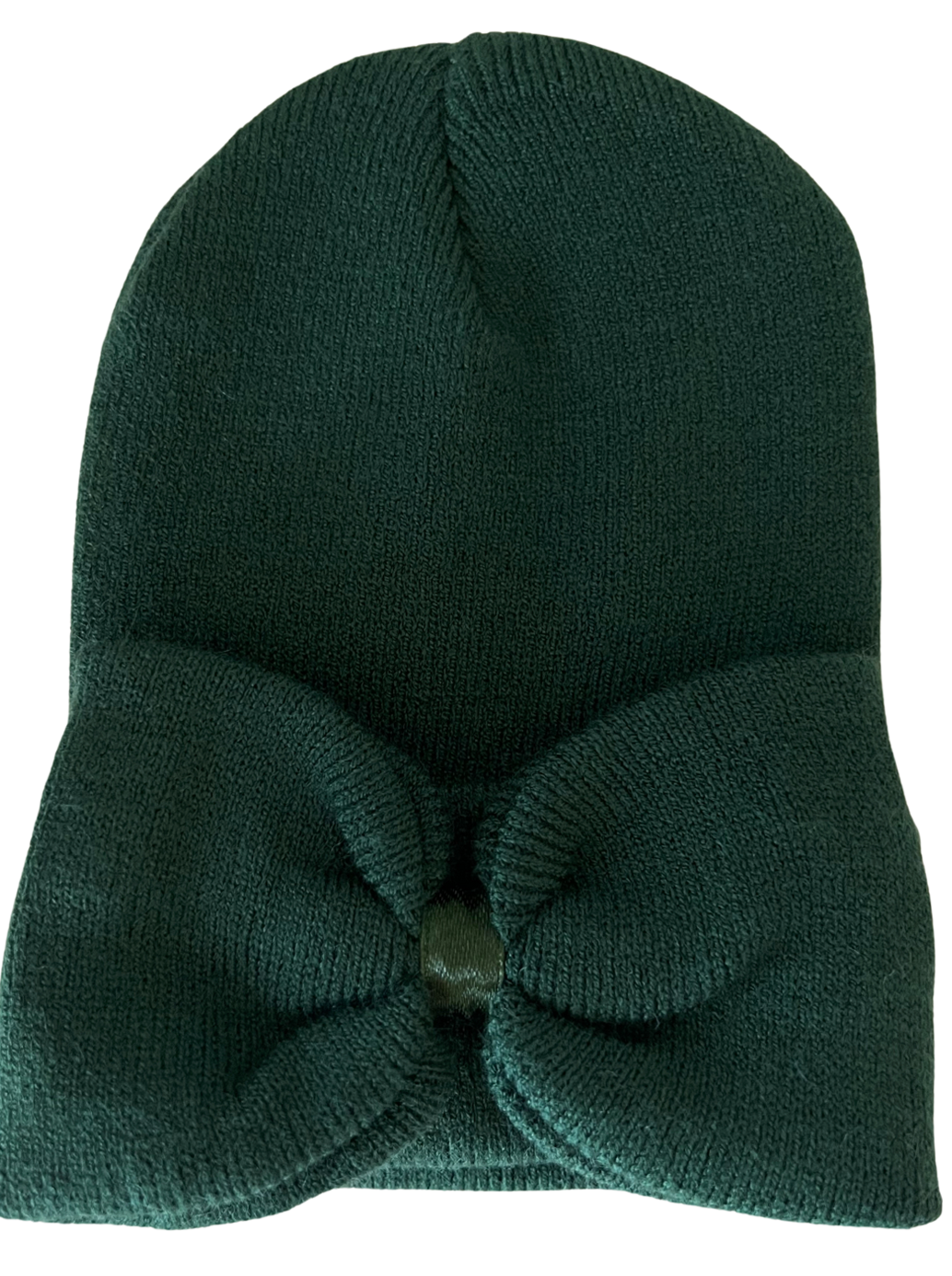 Green knit beanie with a bow detail at the front, perfect for winter wear.