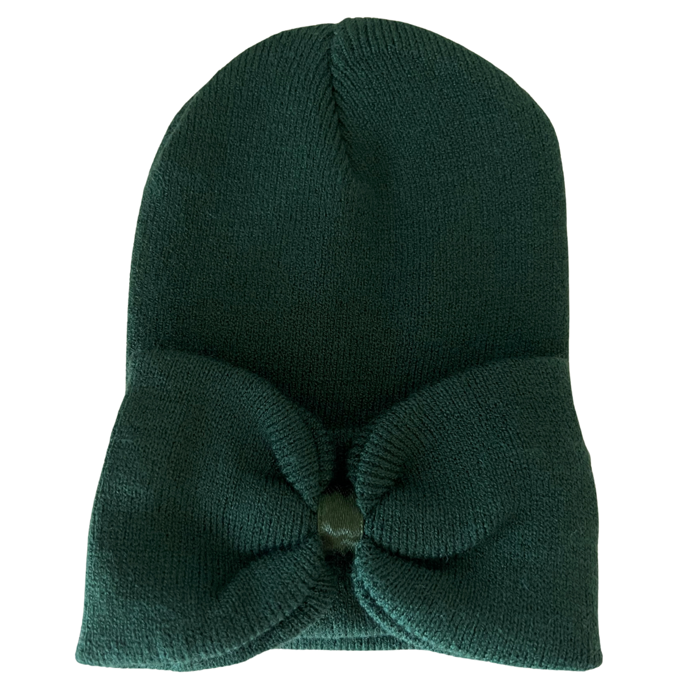Green knit beanie with a bow detail at the front, perfect for winter wear.