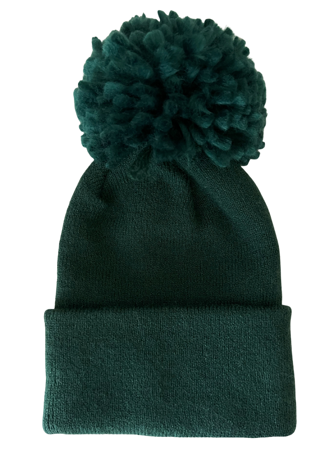 Dark green beanie hat with a fluffy pom-pom on top, folded cuff, perfect for winter fashion.
