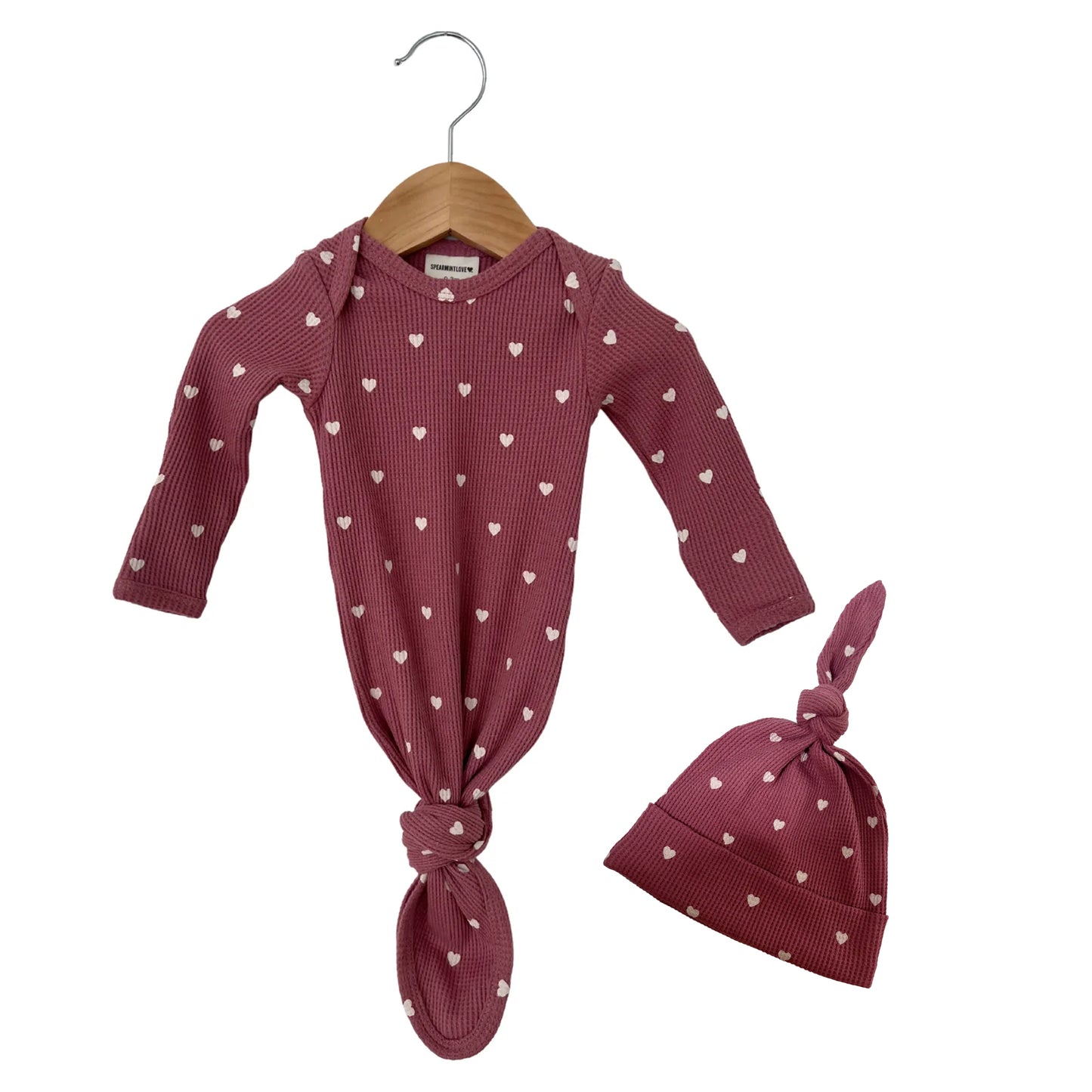Organic Waffle Knotted Gown & Hat Set, Mauve Heart
