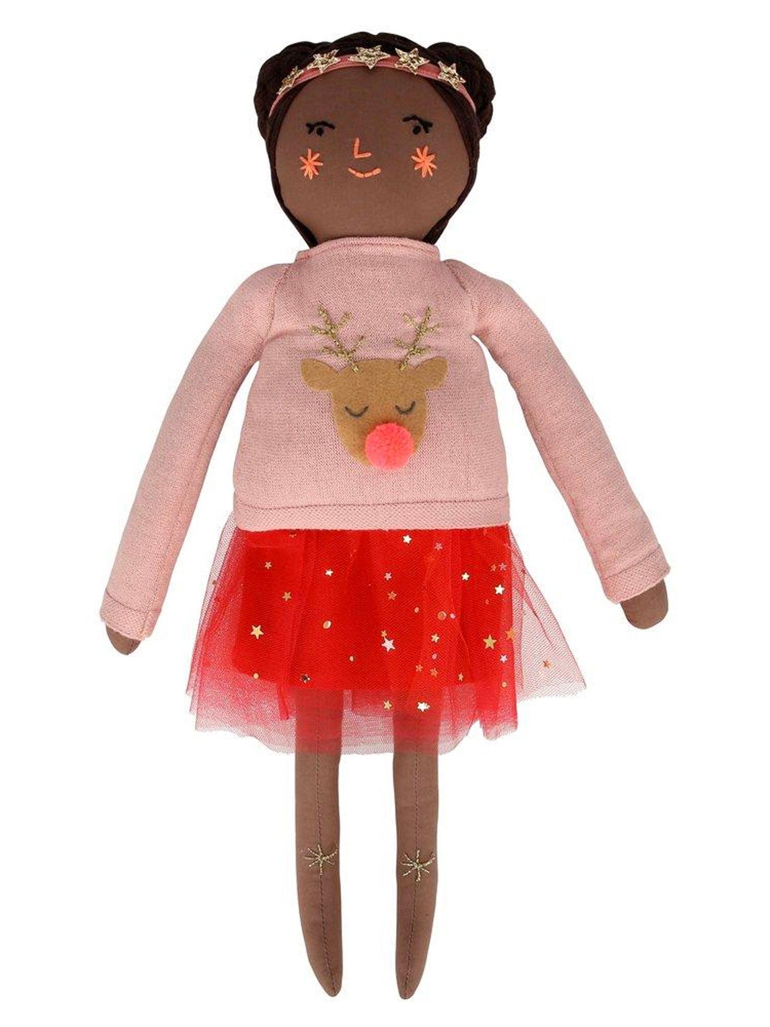 Doll with brown skin, wearing a pink sweater with reindeer design and a red tulle skirt, adorned with stars.