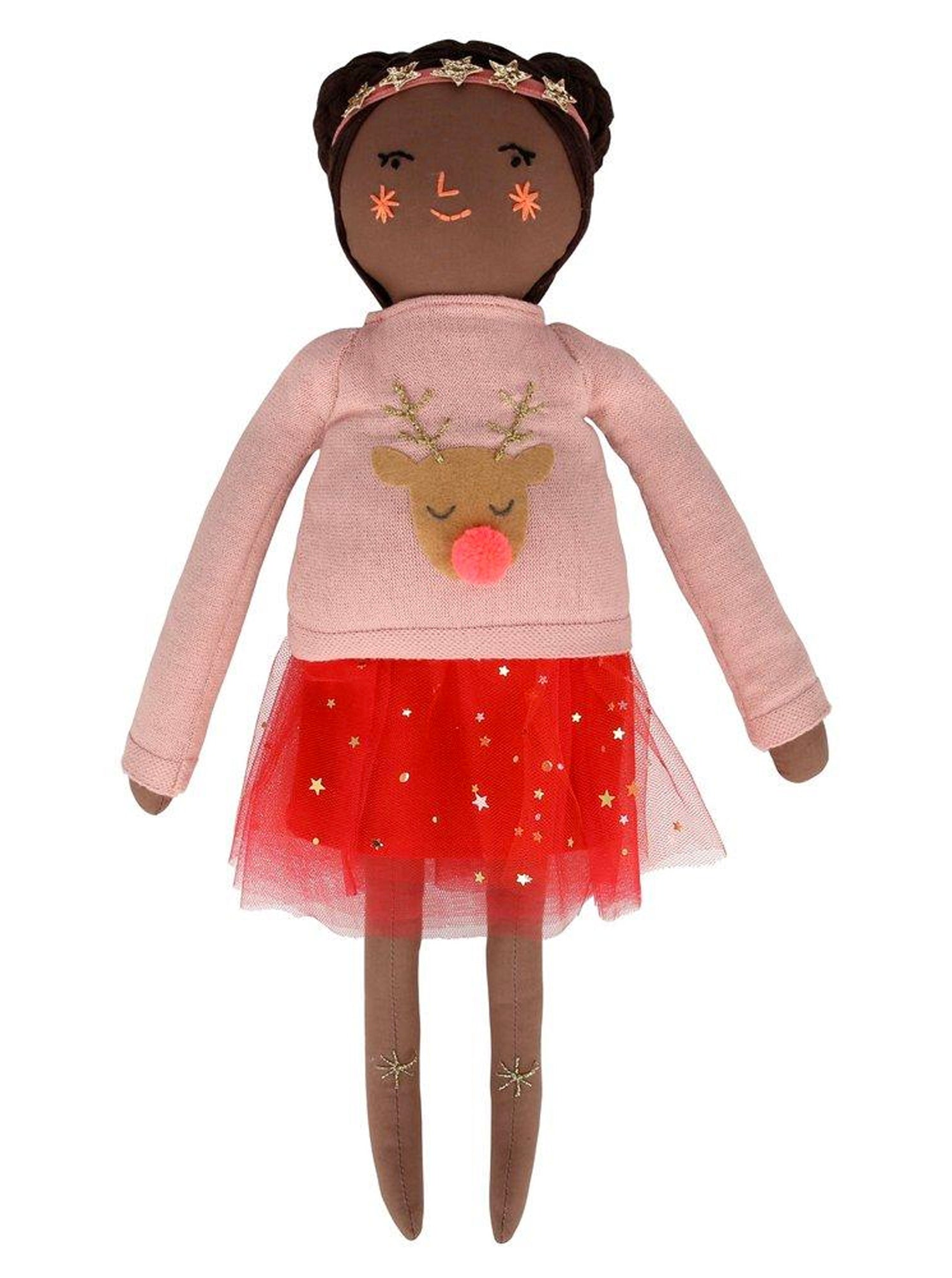 Doll with brown skin, wearing a pink sweater with reindeer design and a red tulle skirt, adorned with stars.