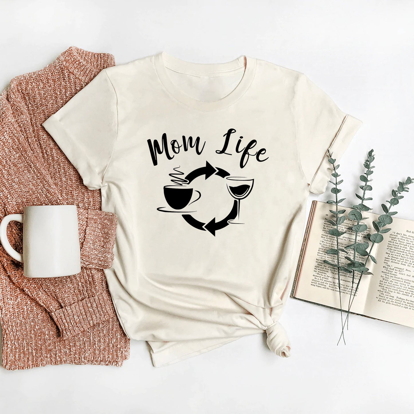 Mom Life Coffee Wine Graphic Tee, Natural