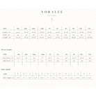 Size chart for Noralee, including height, chest, weight, dress length, and shoe size for children aged 3 months to 12 years.