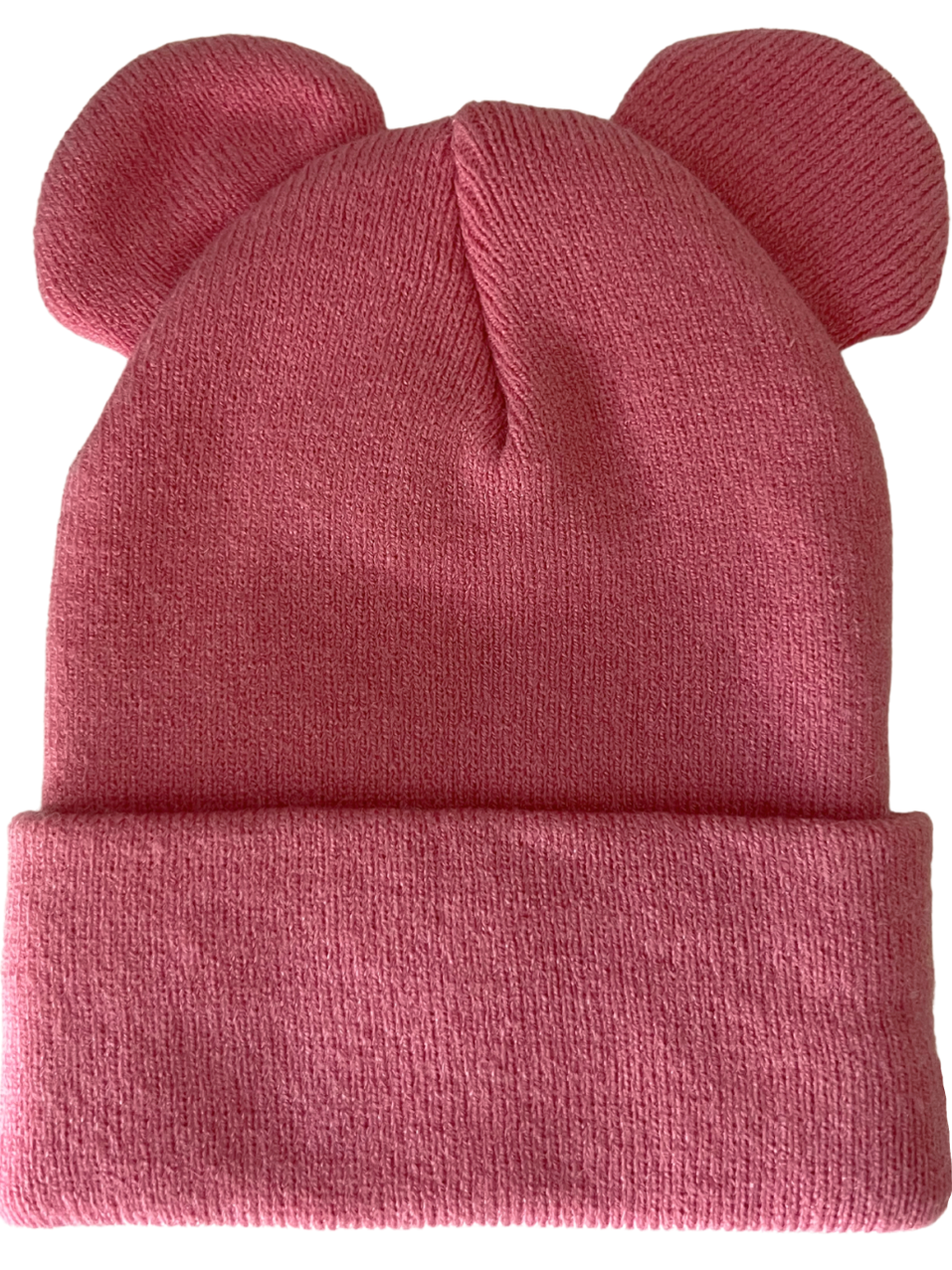Pink knitted beanie hat with ear-shaped embellishments on top, folded cuff at the bottom.