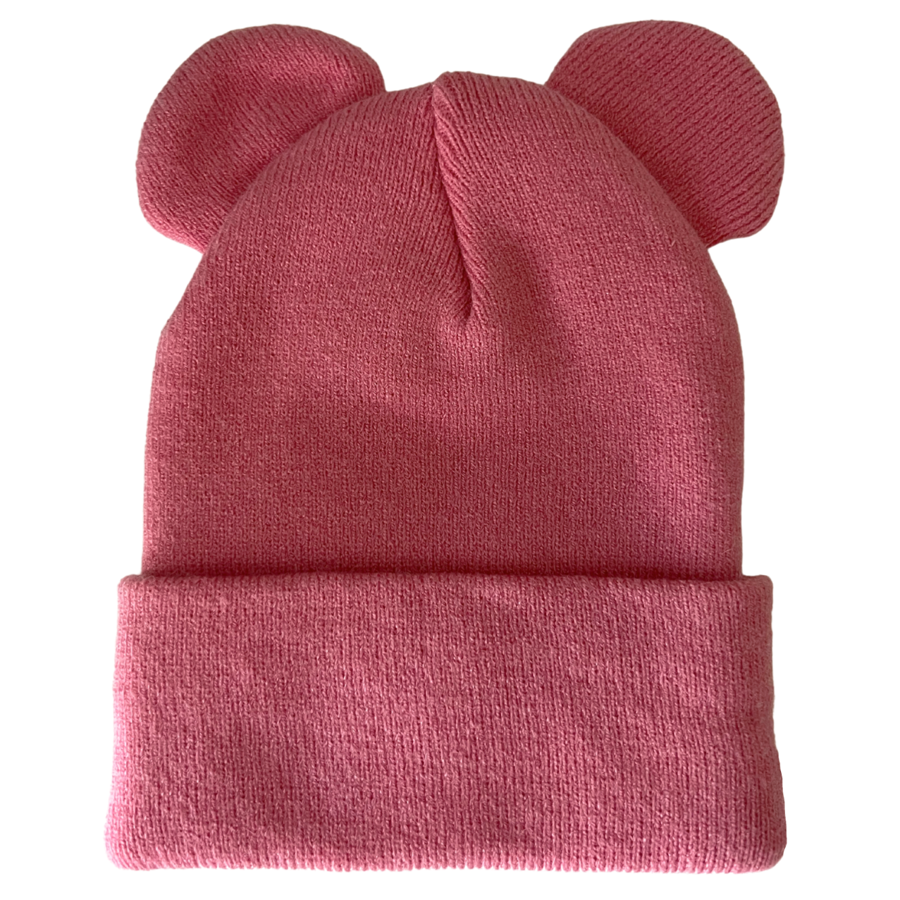 Pink knitted beanie hat with ear-shaped embellishments on top, folded cuff at the bottom.