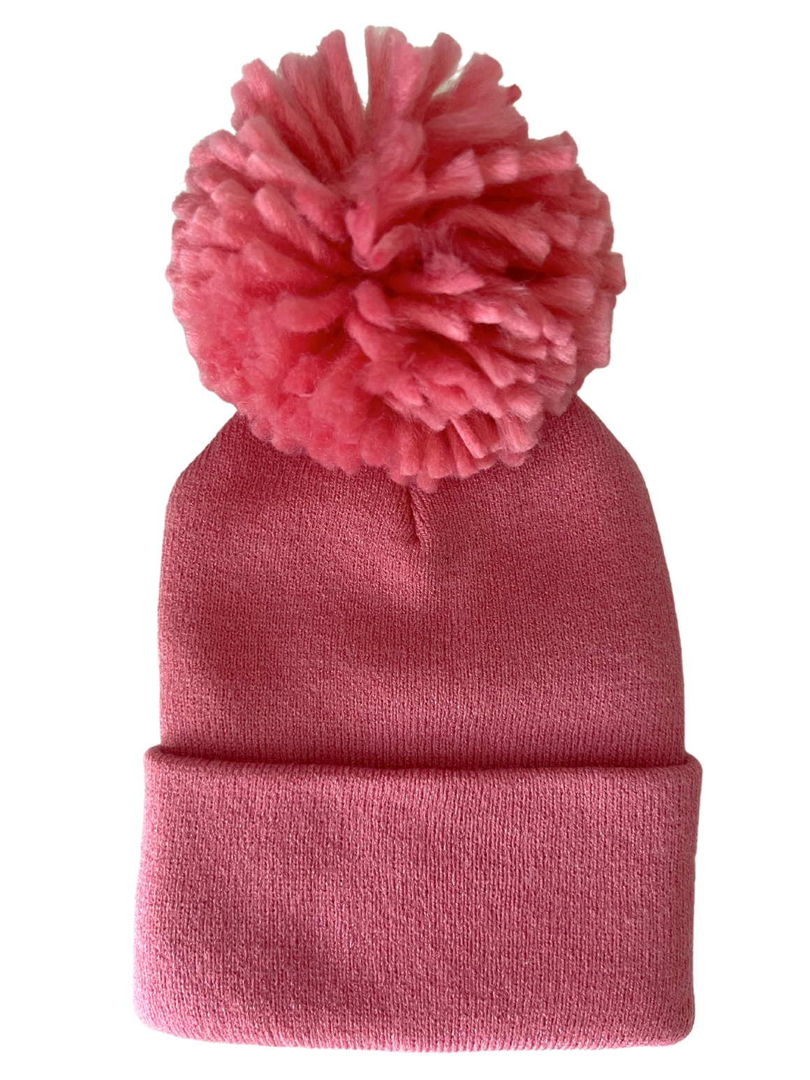 Pink knitted beanie with a large fluffy pom-pom on top, perfect for winter wear.