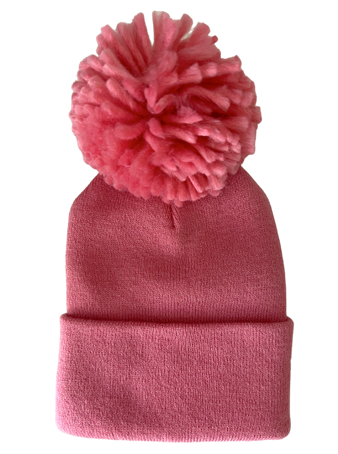 Pink knitted beanie with a large fluffy pom-pom on top, perfect for winter wear.