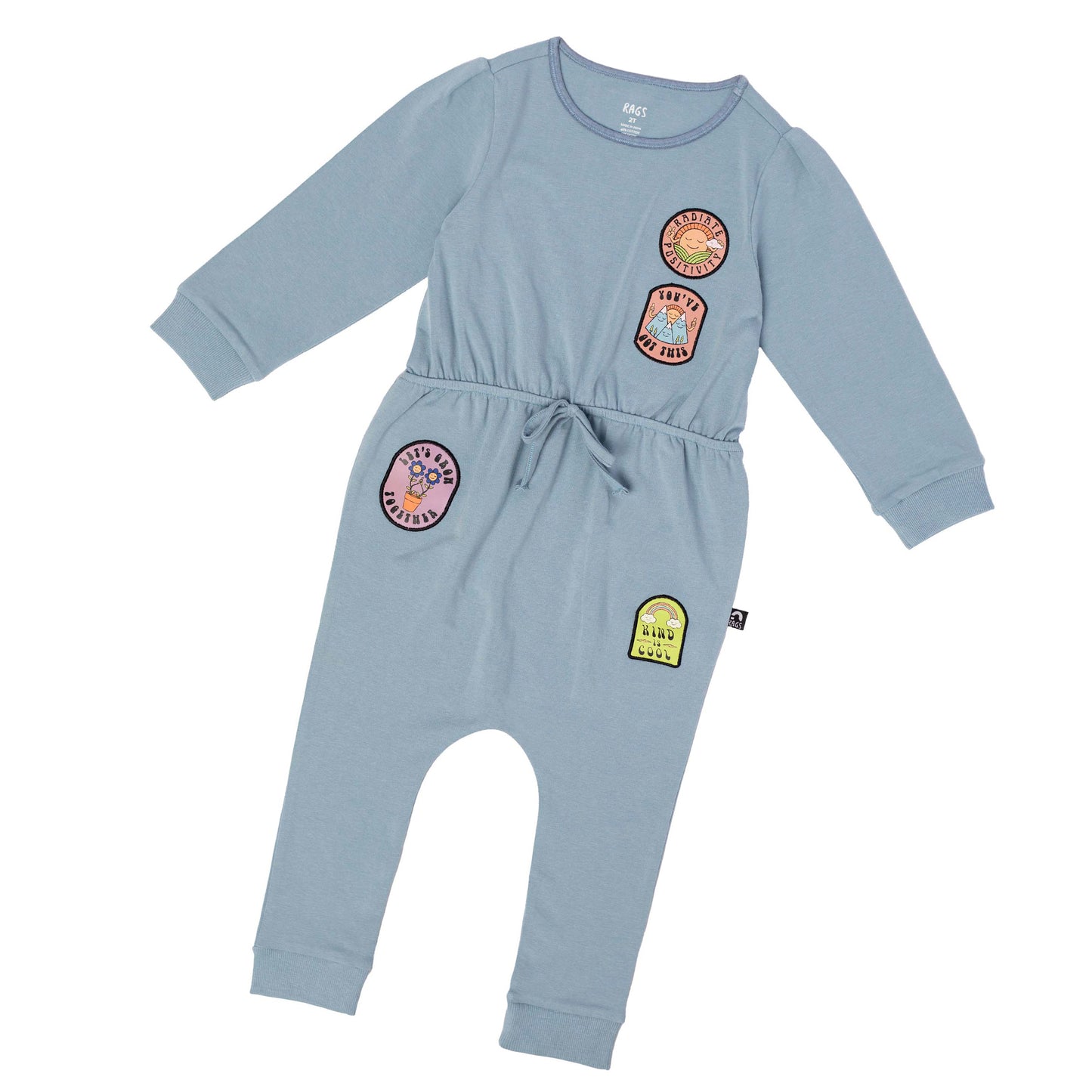 Long Puff Sleeve Gather Waist Rag Romper, Positive Patches, Ashley Blue