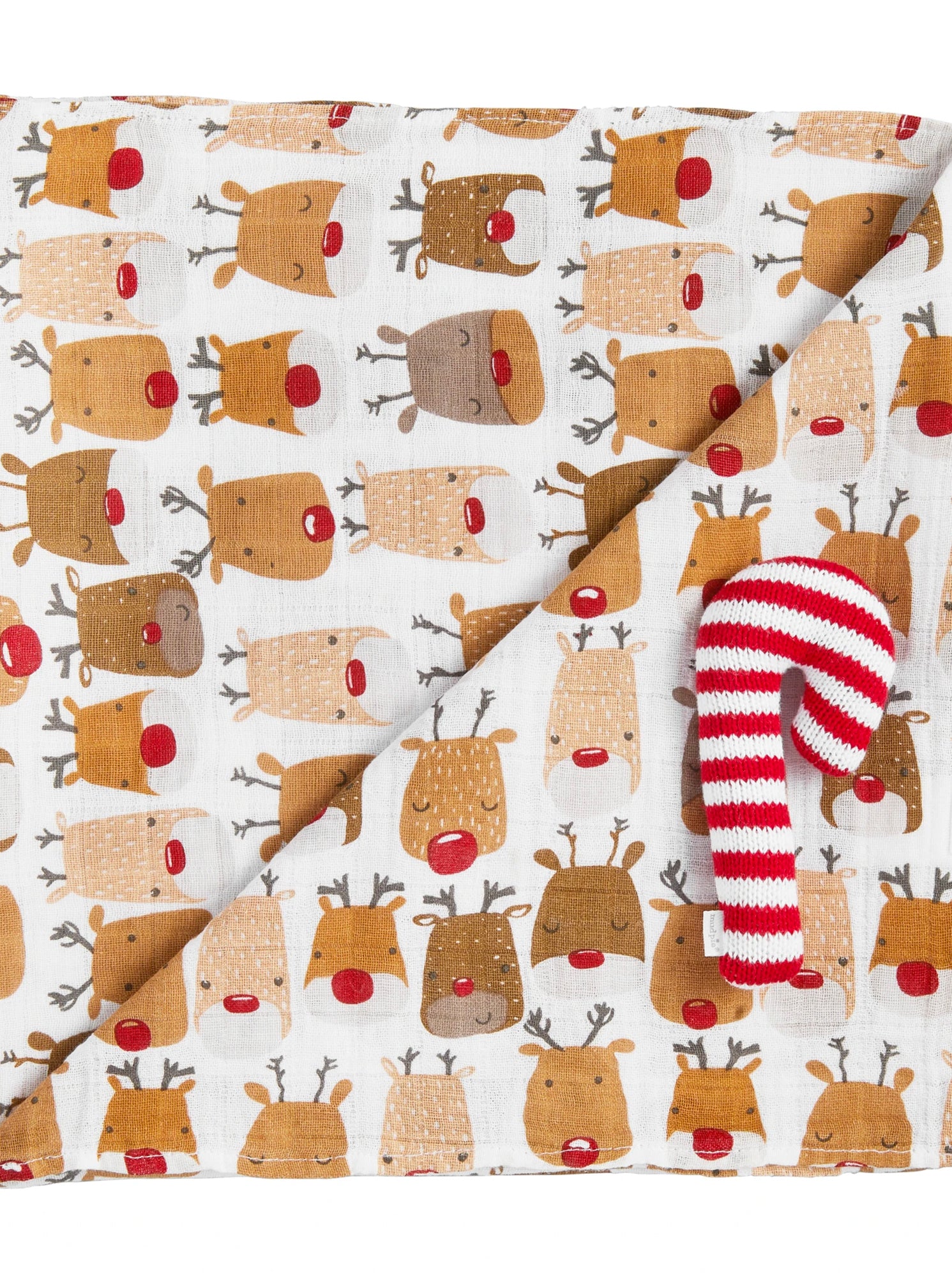 Reversible blanket featuring playful reindeer faces and a striped candy cane accent.