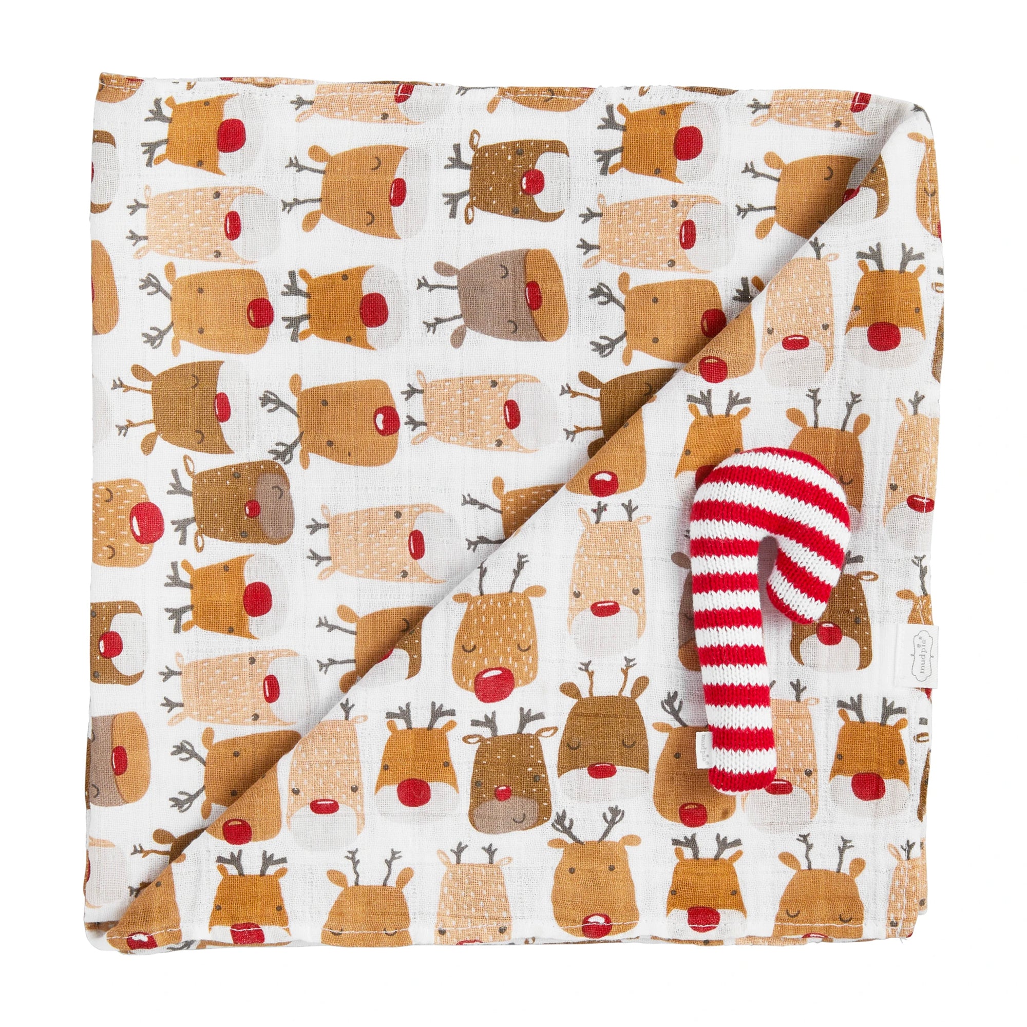 Reversible blanket featuring playful reindeer faces and a striped candy cane accent.