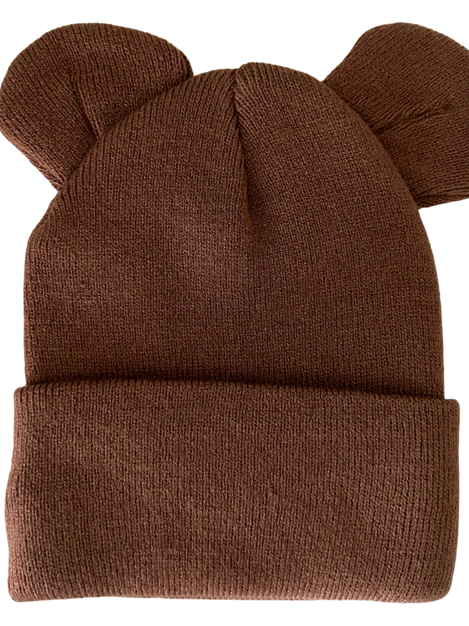 Brown knitted beanie hat with bear ears on top, featuring a folded cuff for a snug fit.