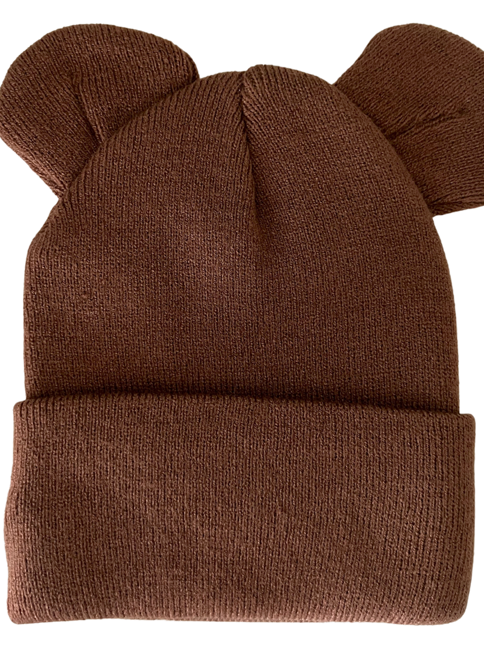 Brown knitted beanie hat with bear ears on top, featuring a folded cuff for a snug fit.