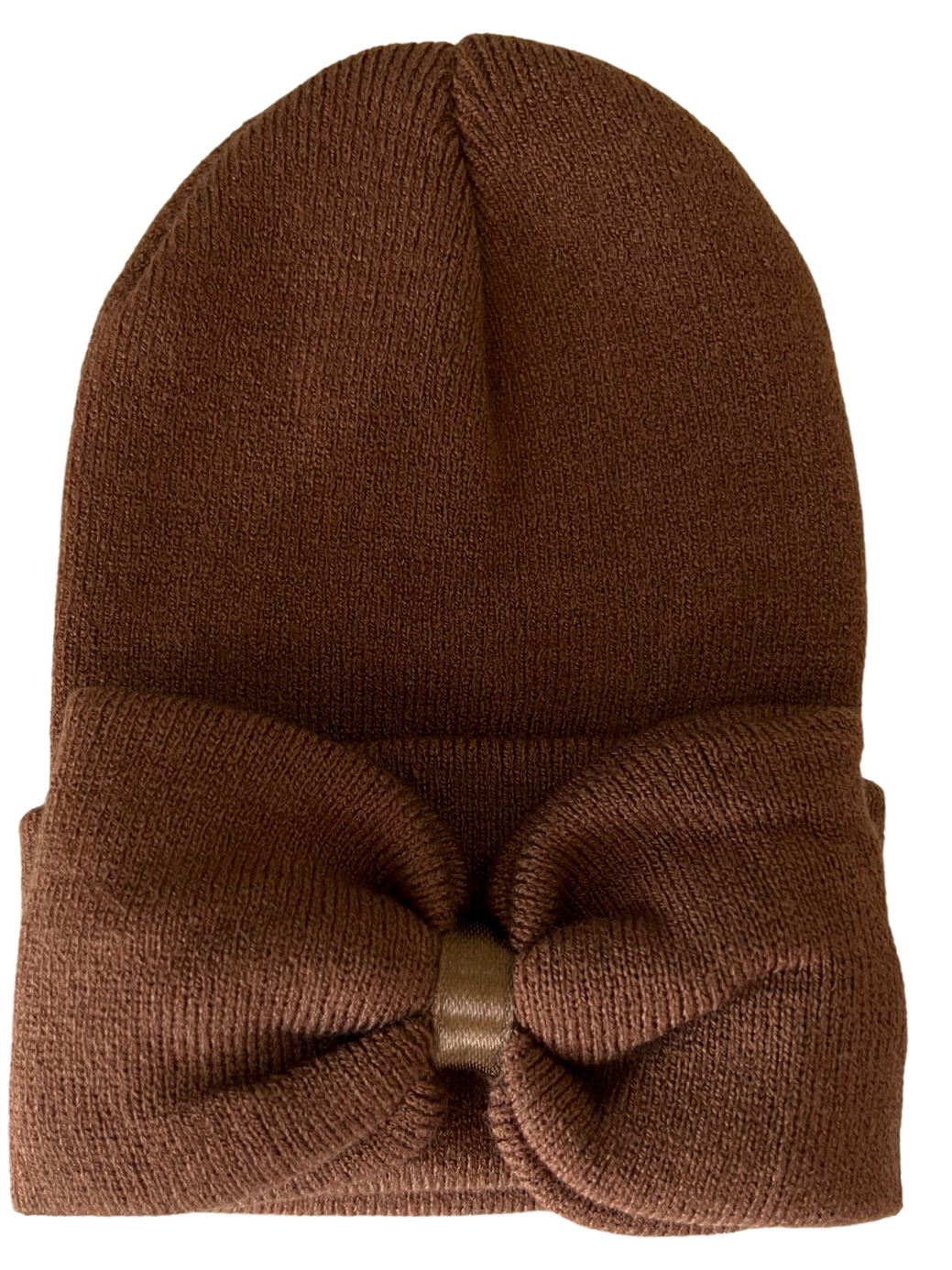 Brown knitted beanie with a decorative bow at the front, ideal for warmth and style.