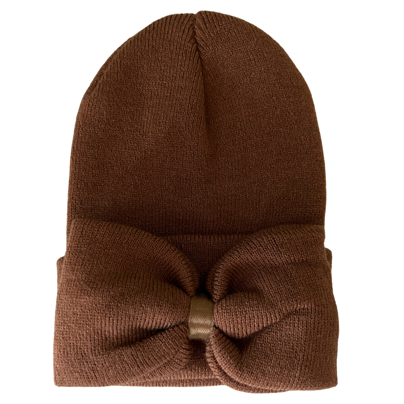Brown knitted beanie with a decorative bow at the front, ideal for warmth and style.