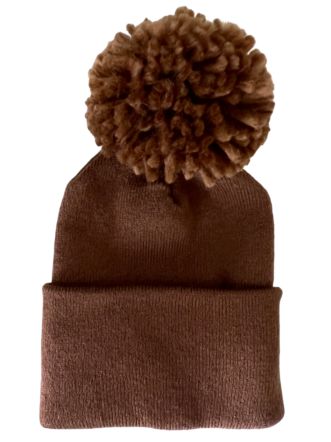 Brown knit beanie hat with a large pom-pom on top, designed for warmth and style.