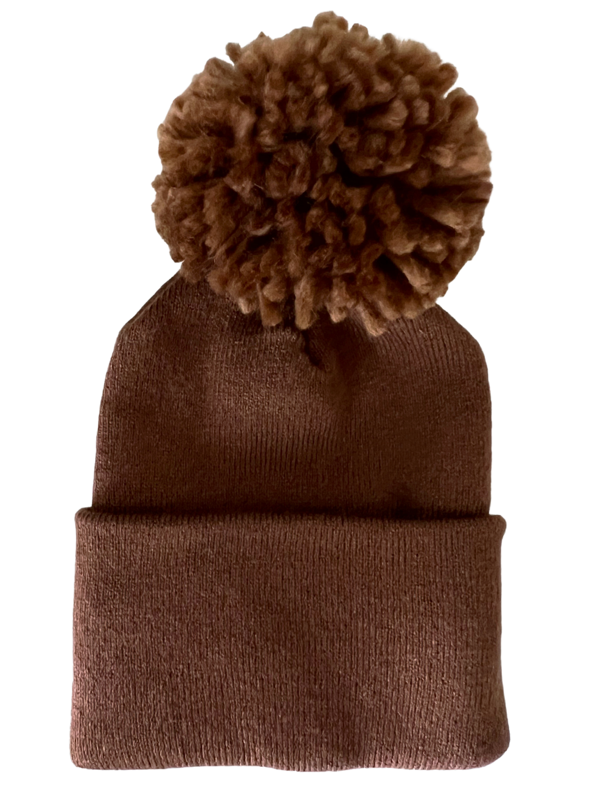 Brown knit beanie hat with a large pom-pom on top, designed for warmth and style.