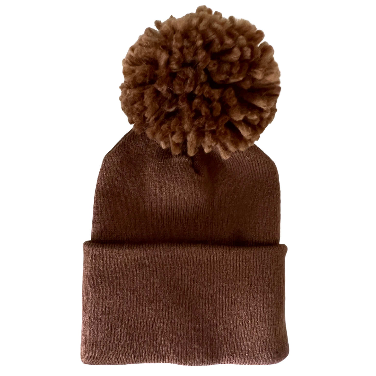 Brown knit beanie hat with a large pom-pom on top, designed for warmth and style.