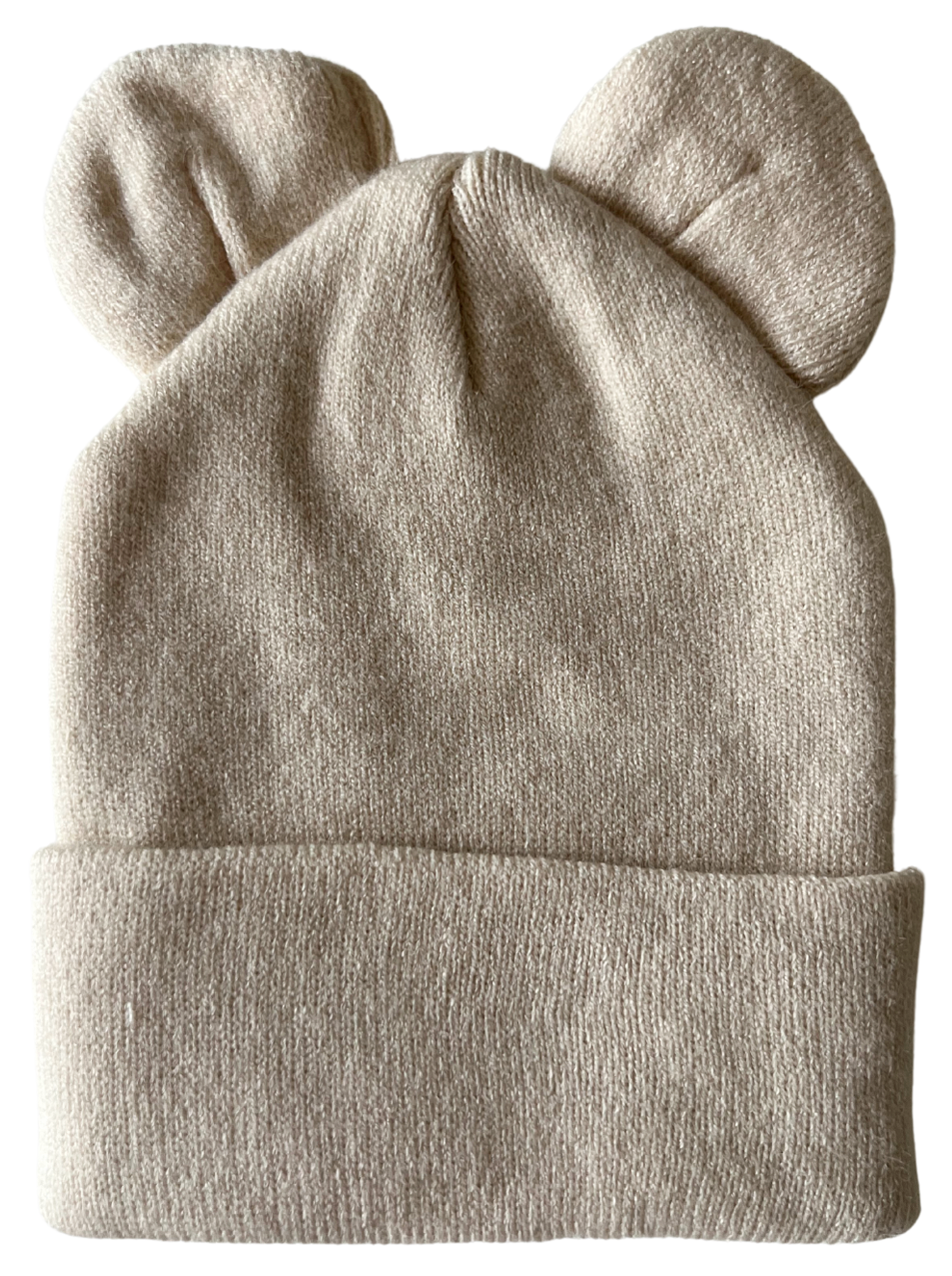 Beige knit beanie hat with two rounded ears on top, perfect for a playful winter accessory.