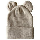 Beige knit beanie hat with two rounded ears on top, perfect for a playful winter accessory.