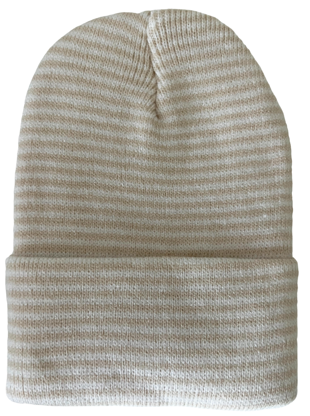 Light beige striped knit beanie with a folded cuff, perfect for cold weather.