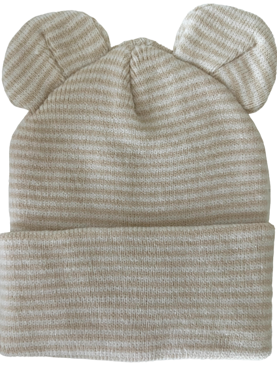 Tan striped beanie hat with two round ear-shaped embellishments on top.