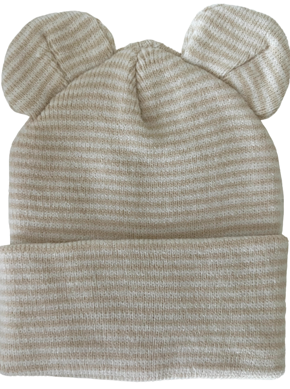 Tan striped beanie hat with two round ear-shaped embellishments on top.