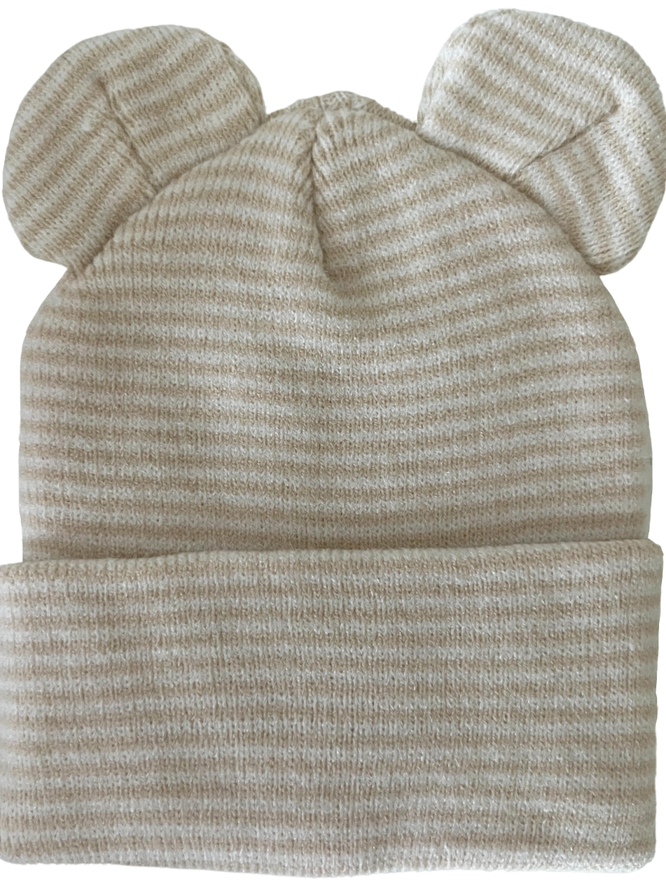 Tan striped beanie hat with two round ear-shaped embellishments on top.