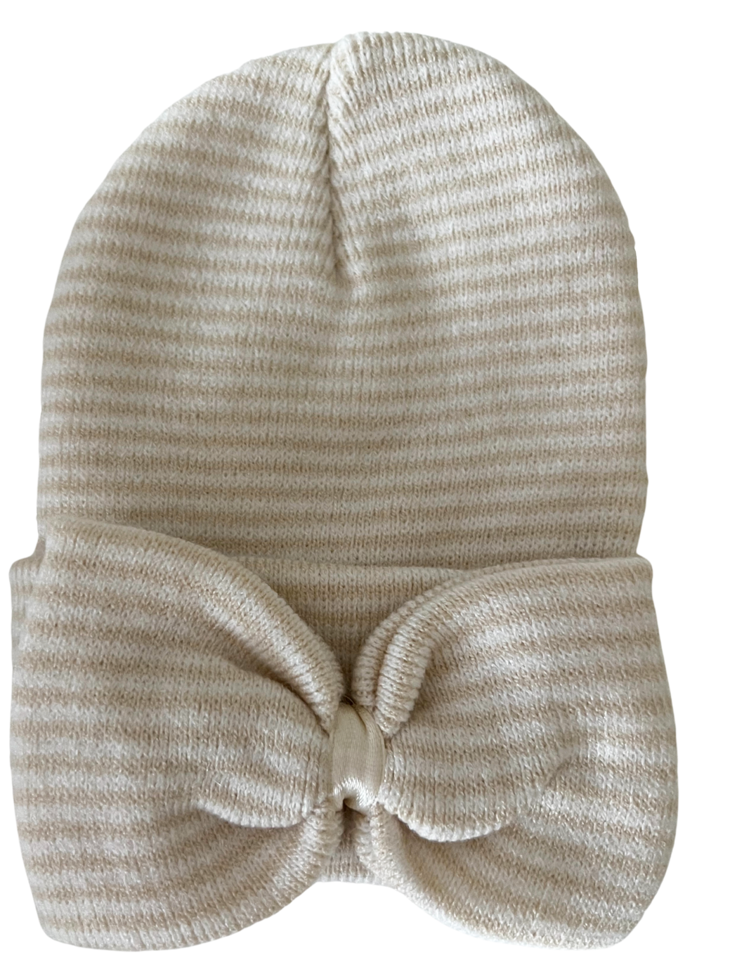 Cream-striped knit beanie with a large bow at the front, perfect for stylish warmth.