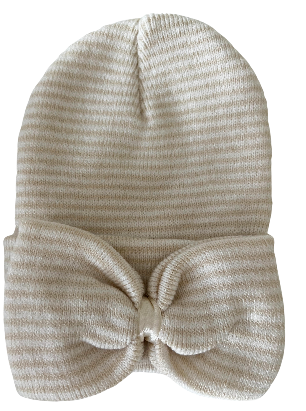 Cream-striped knit beanie with a large bow at the front, perfect for stylish warmth.