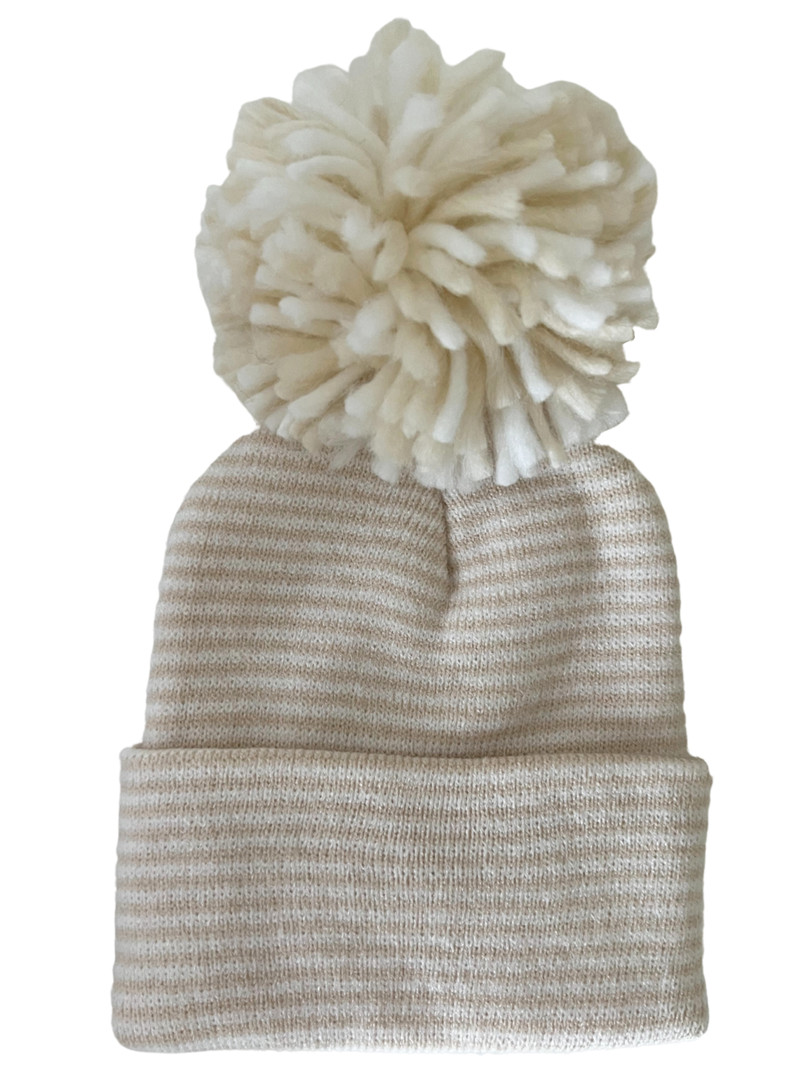 Beige striped knit beanie with a fluffy white pom pom on top.