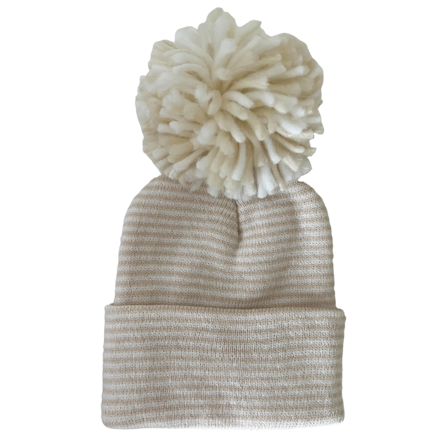 Beige striped knit beanie with a fluffy white pom pom on top.