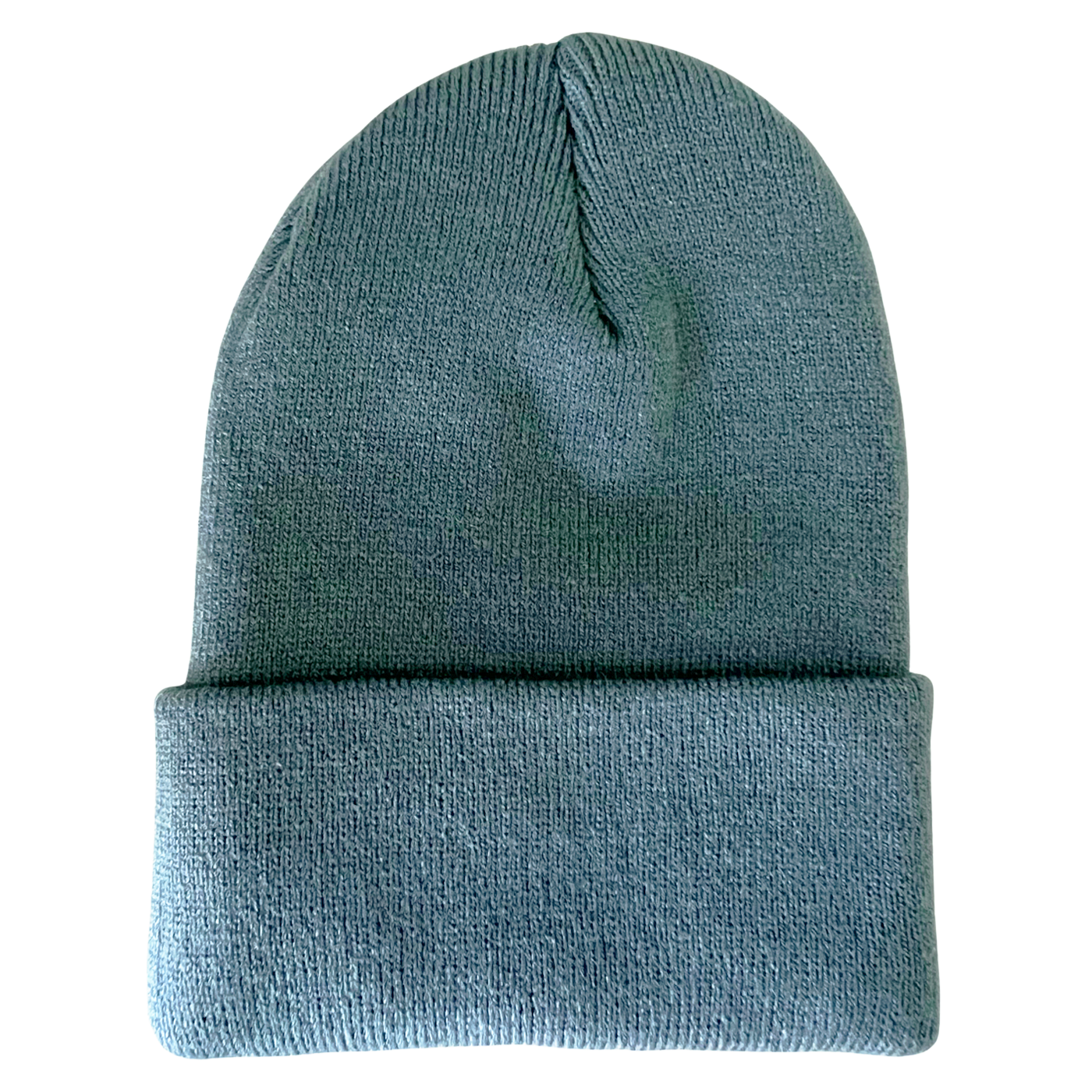 Light blue knit beanie hat folded at the bottom, displayed flat against a white background.