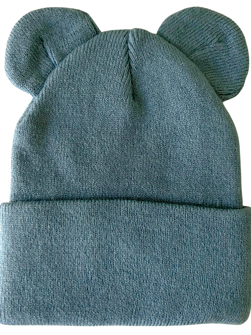 Blue knit hat with bear ears, featuring a folded cuff at the base.