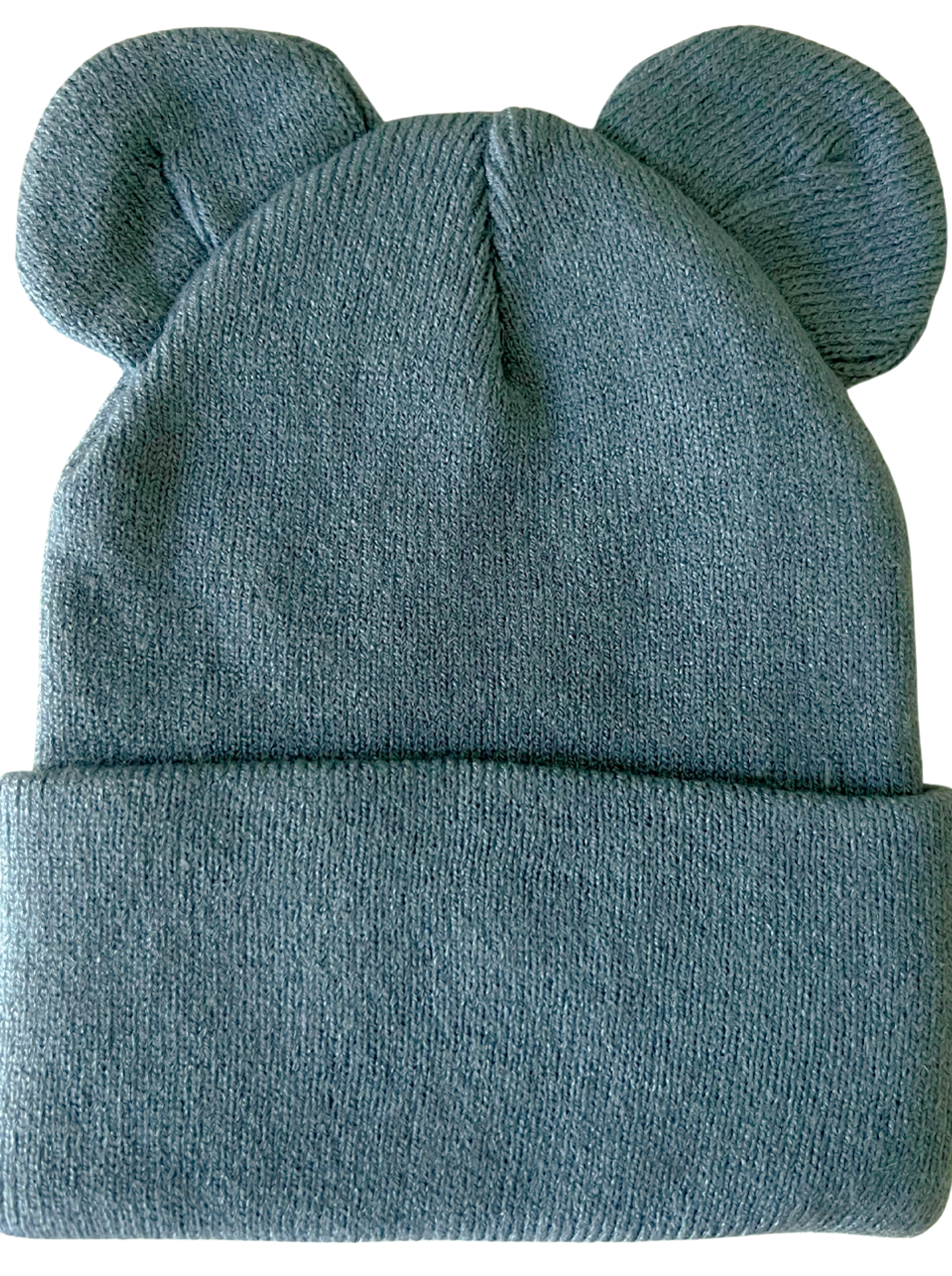 Blue knit hat with bear ears, featuring a folded cuff at the base.