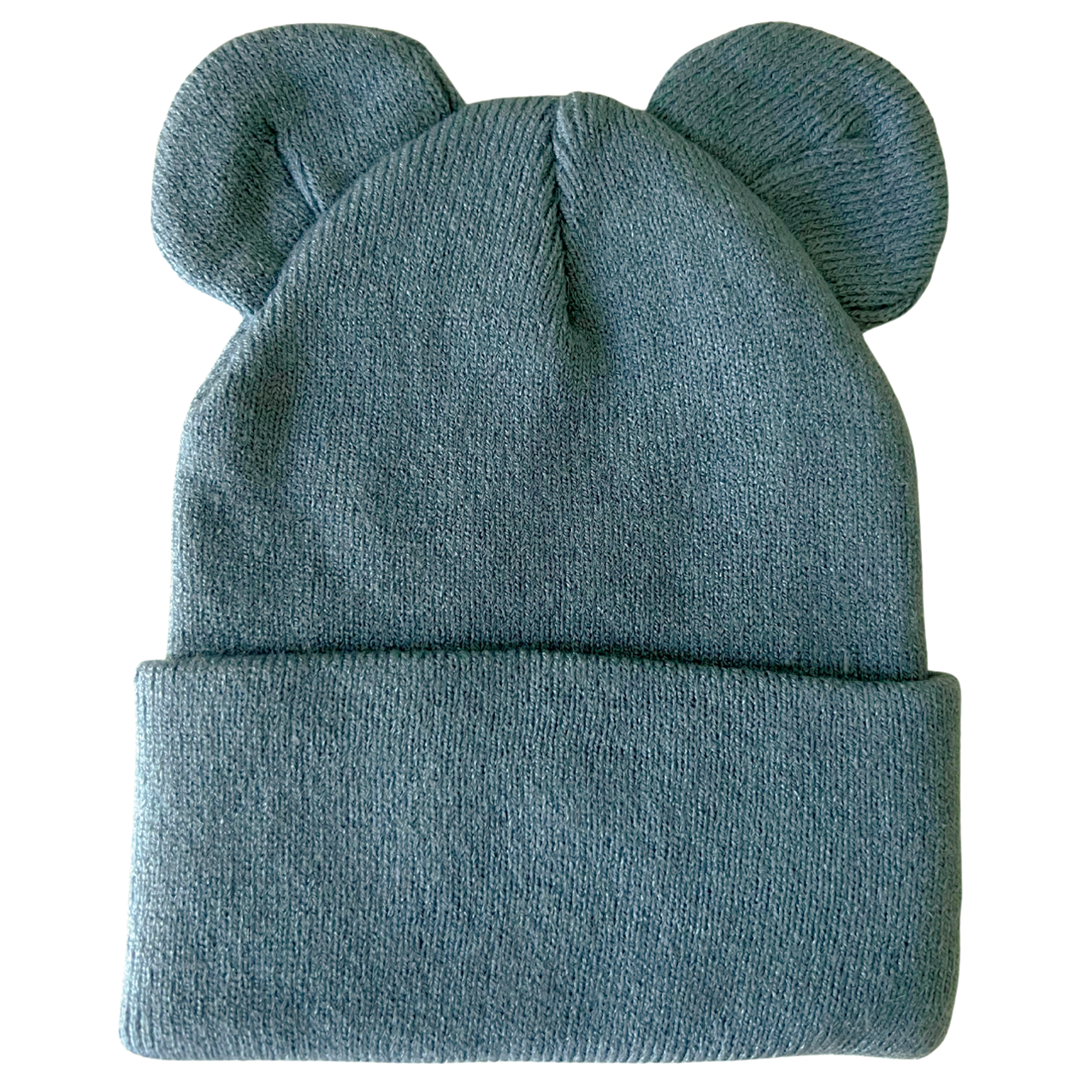 Blue knit hat with bear ears, featuring a folded cuff at the base.