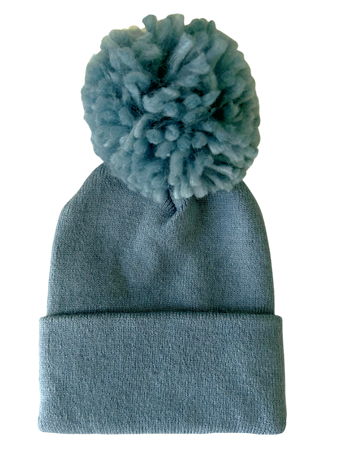 Light blue knit beanie with a fluffy pom-pom on top, featuring a folded cuff.