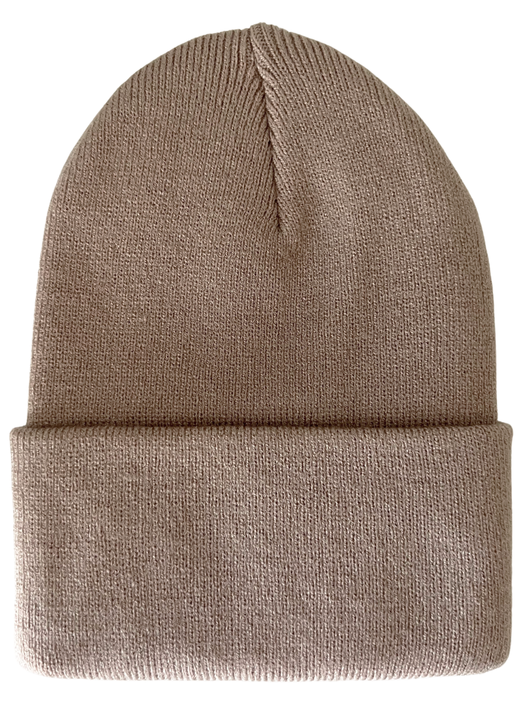 Light brown knit beanie hat folded at the bottom, showing texture and shape.