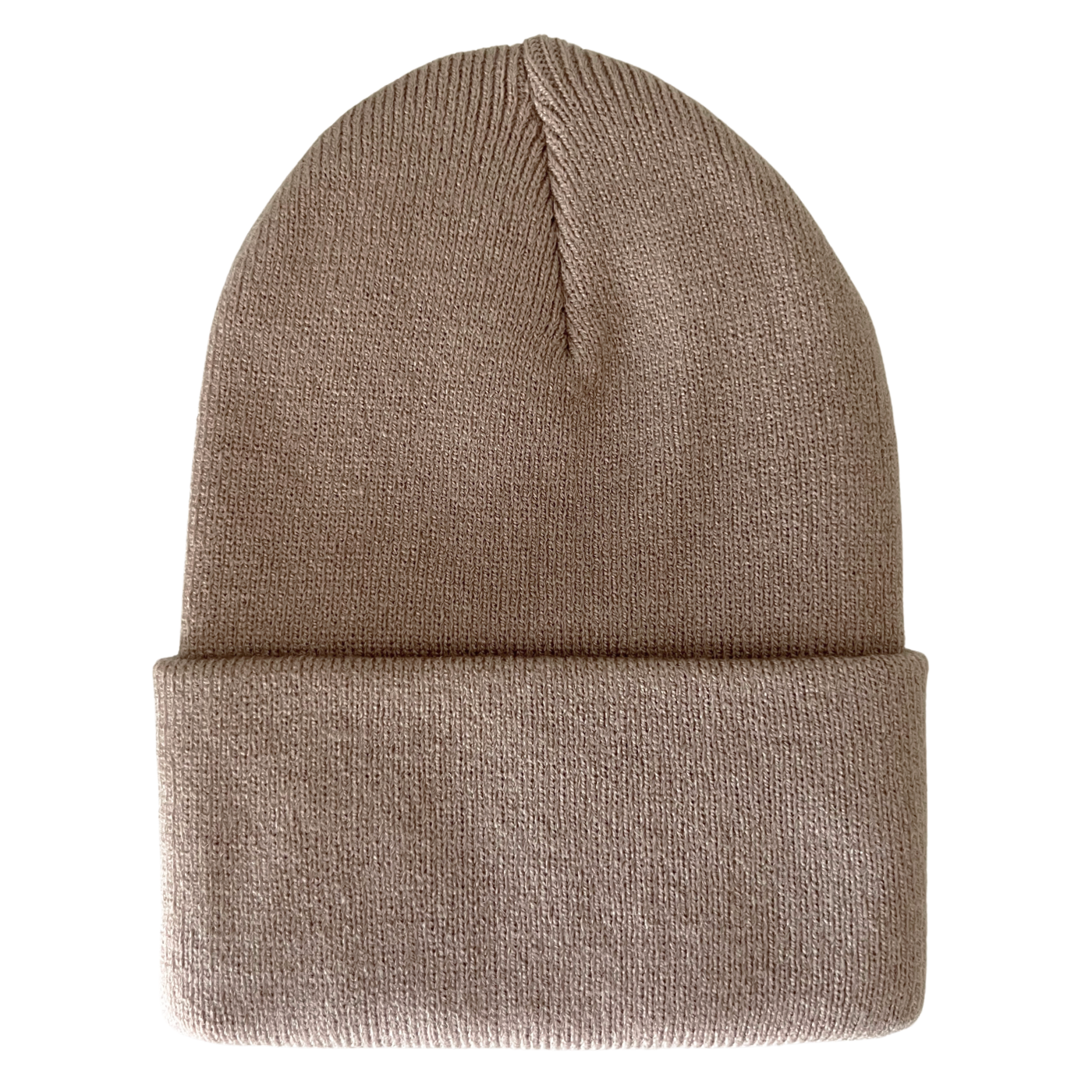 Light brown knit beanie hat folded at the bottom, showing texture and shape.