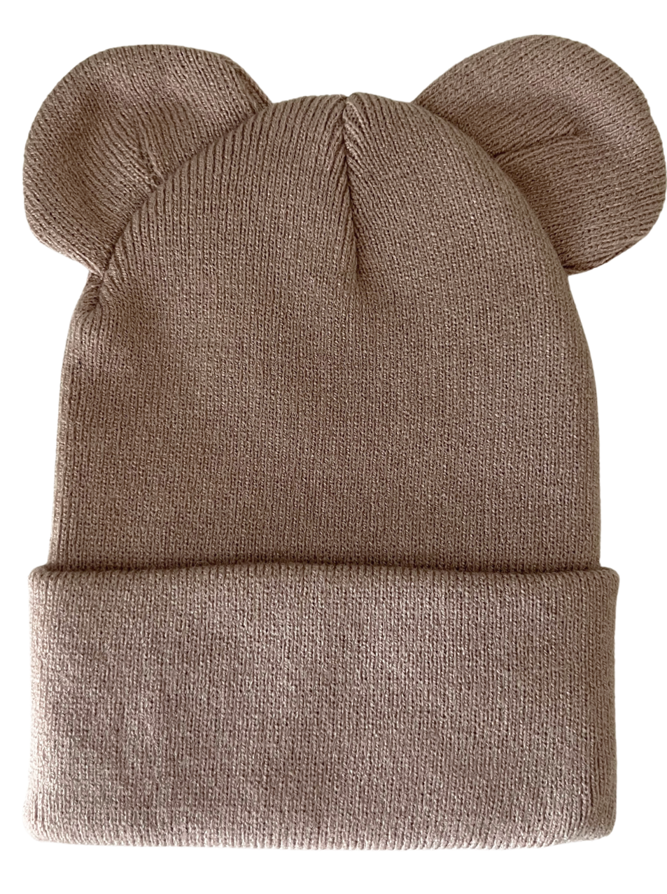 Beige knit beanie hat with cute bear ears on top, folded brim for warmth and style.