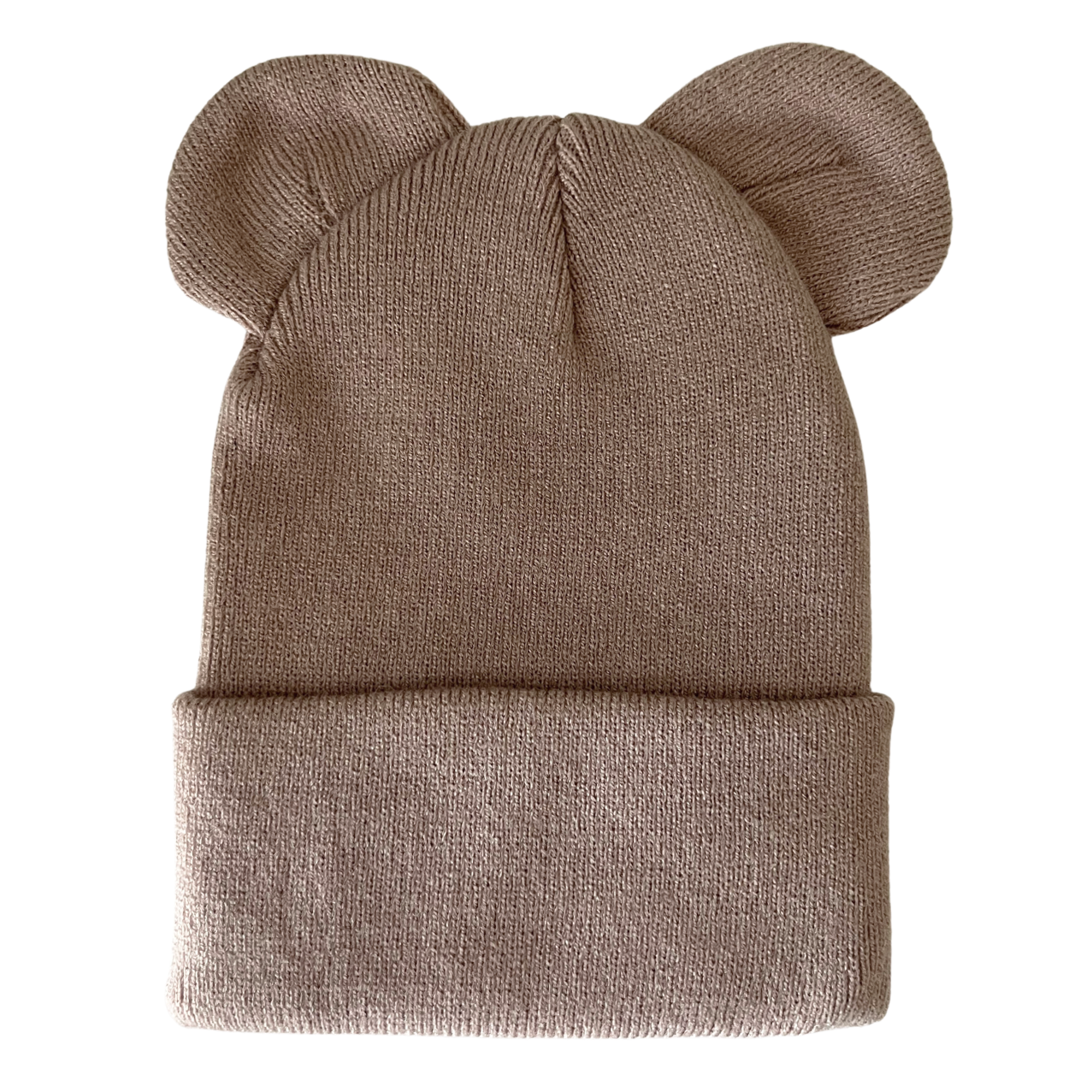 Beige knit beanie hat with cute bear ears on top, folded brim for warmth and style.