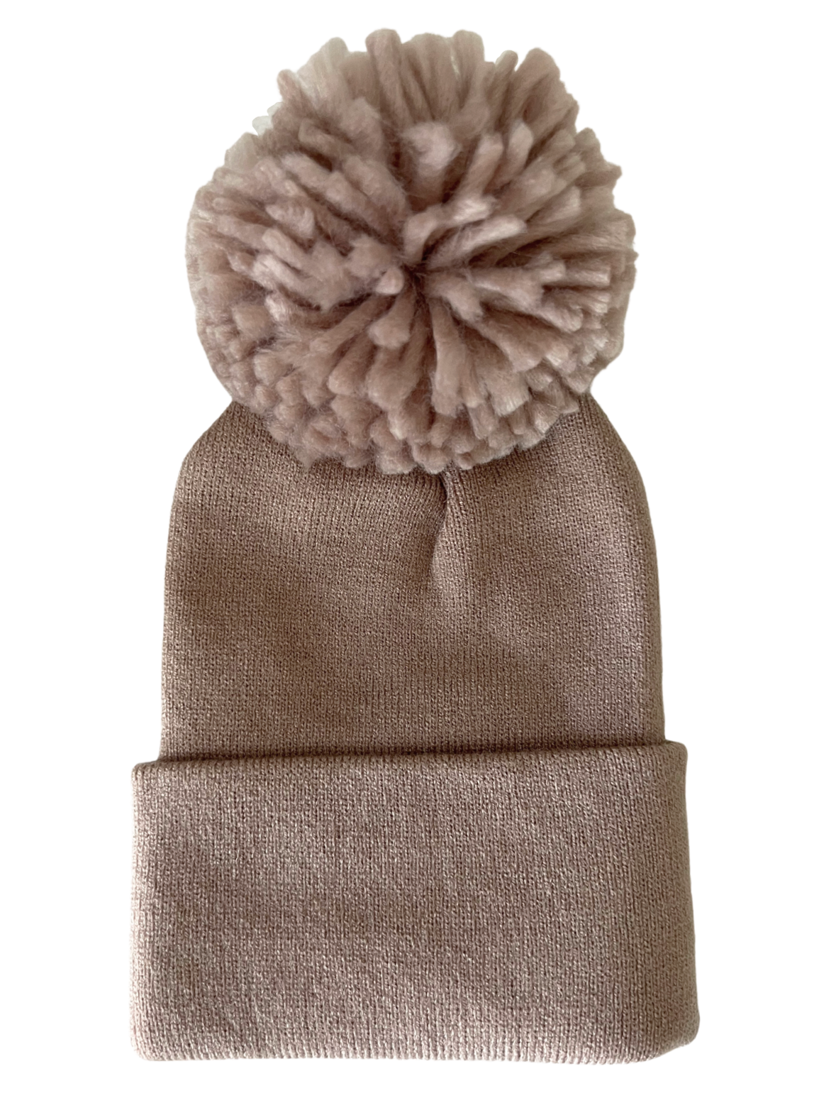 Tan knit beanie with a large fluffy pom-pom on top, ideal for winter wear.