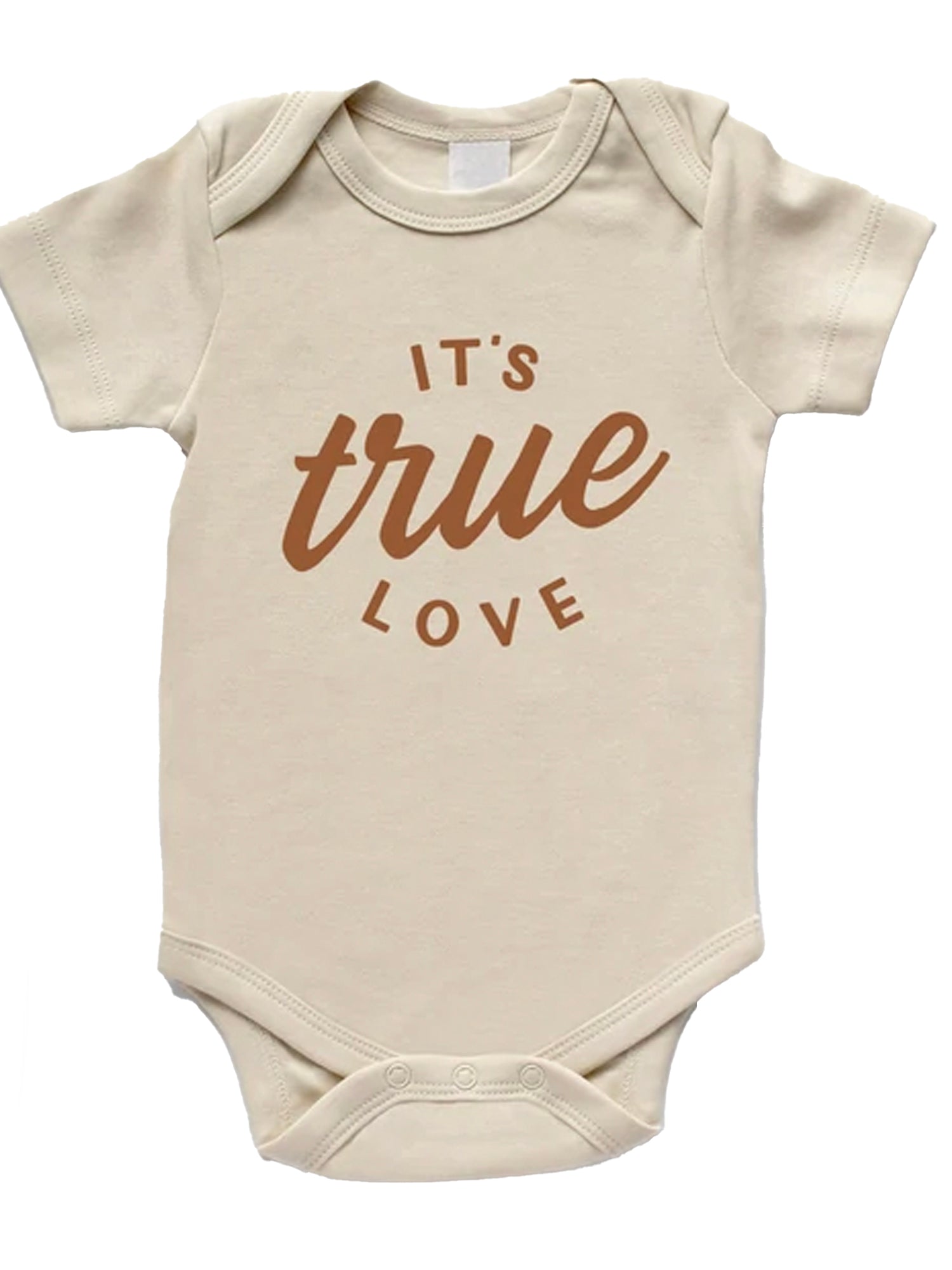 Beige baby bodysuit with the phrase "It's true love" in stylish brown typography.