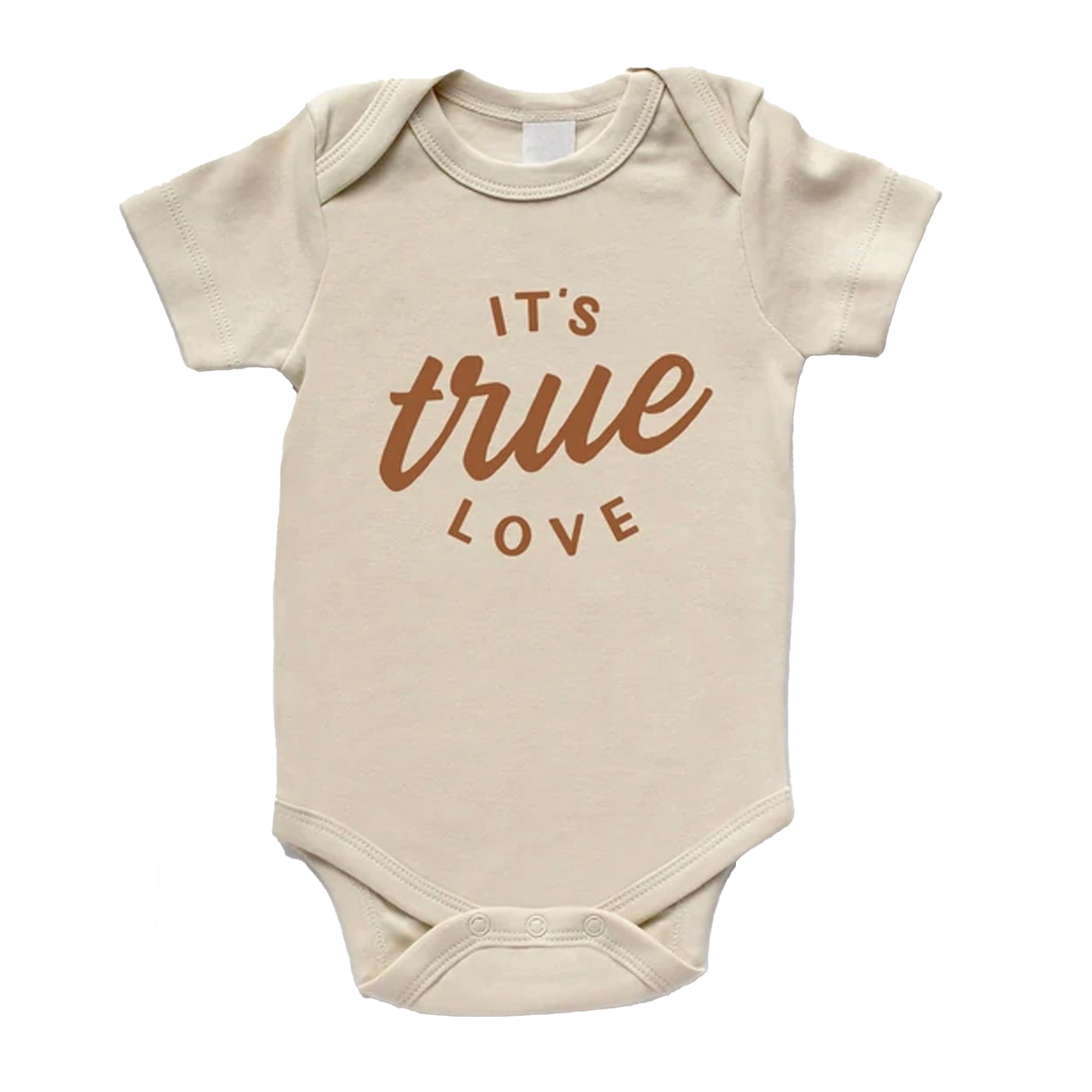 Beige baby bodysuit with the phrase "It's true love" in stylish brown typography.