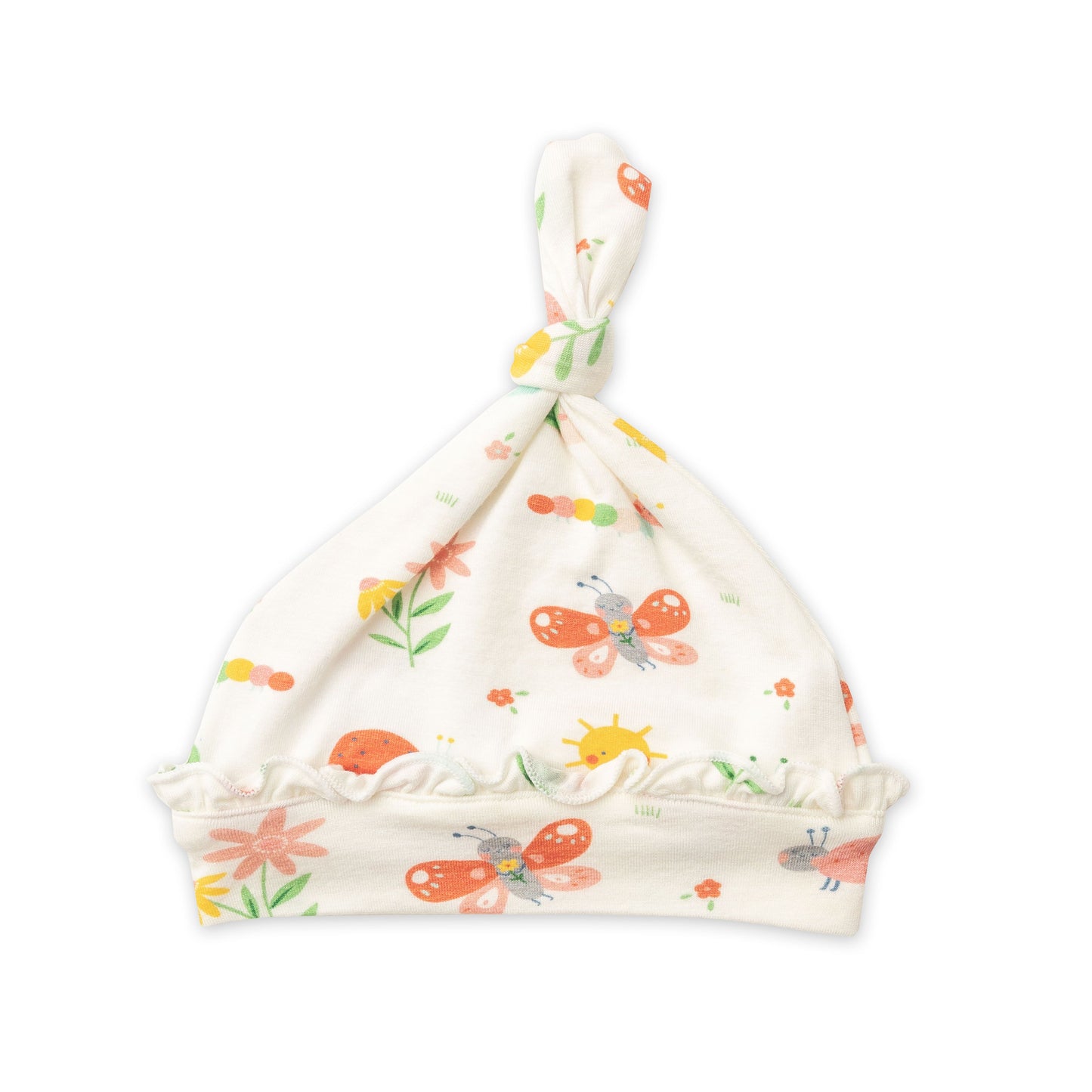 Ruffle Knot Beanie, Garden Creatures Pink