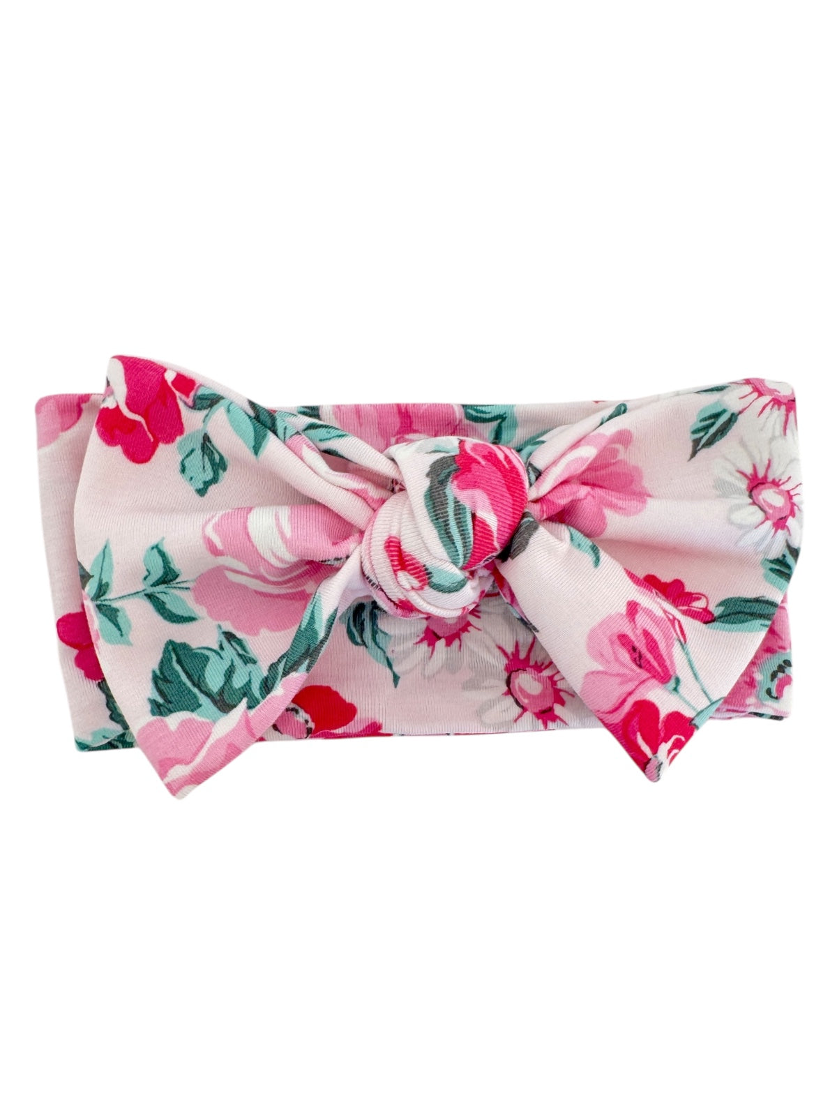 Floral headband with a large bow, featuring pink and green roses on a light background. 
