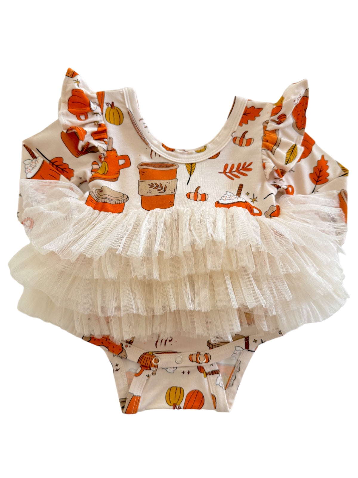 Toddler's swimsuit with autumn-themed patterns and a layered tulle ruffle design, perfect for fall celebrations.