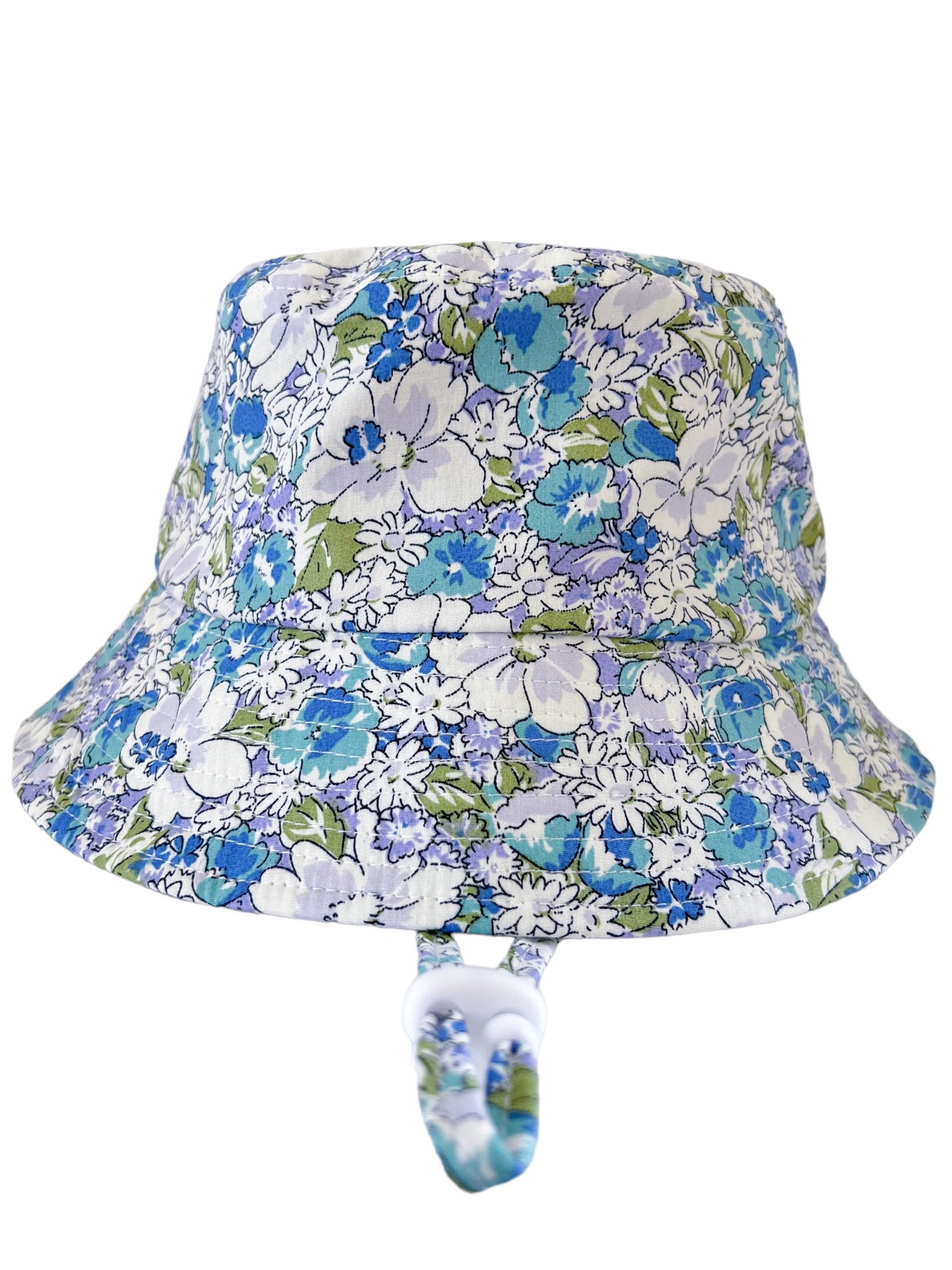 Floral bucket hat featuring blue, white, and green patterns with a chin strap for secure fitting.