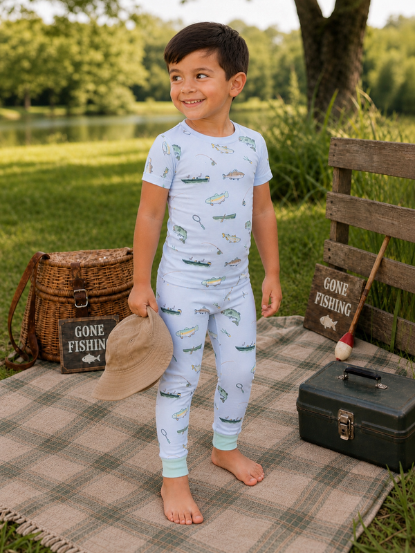 Smiling boy in pajamas with fishing designs, standing on a blanket near a lake, holding a hat.