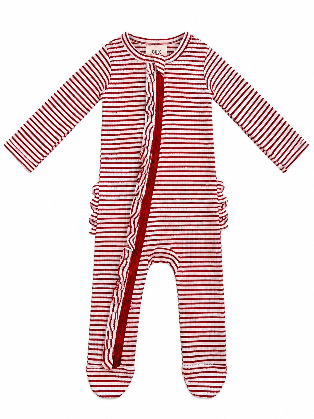 Red and white striped baby onesie with long sleeves and a front zip, featuring ruffle details on the sides.